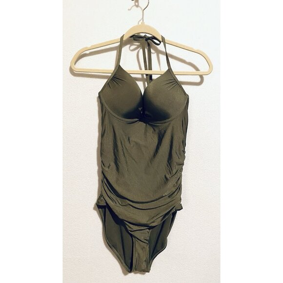 Old Navy Swimsuit Womens Medium Olive Green One Piece Halter Ruched Beachy Boho - Picture 1 of 6